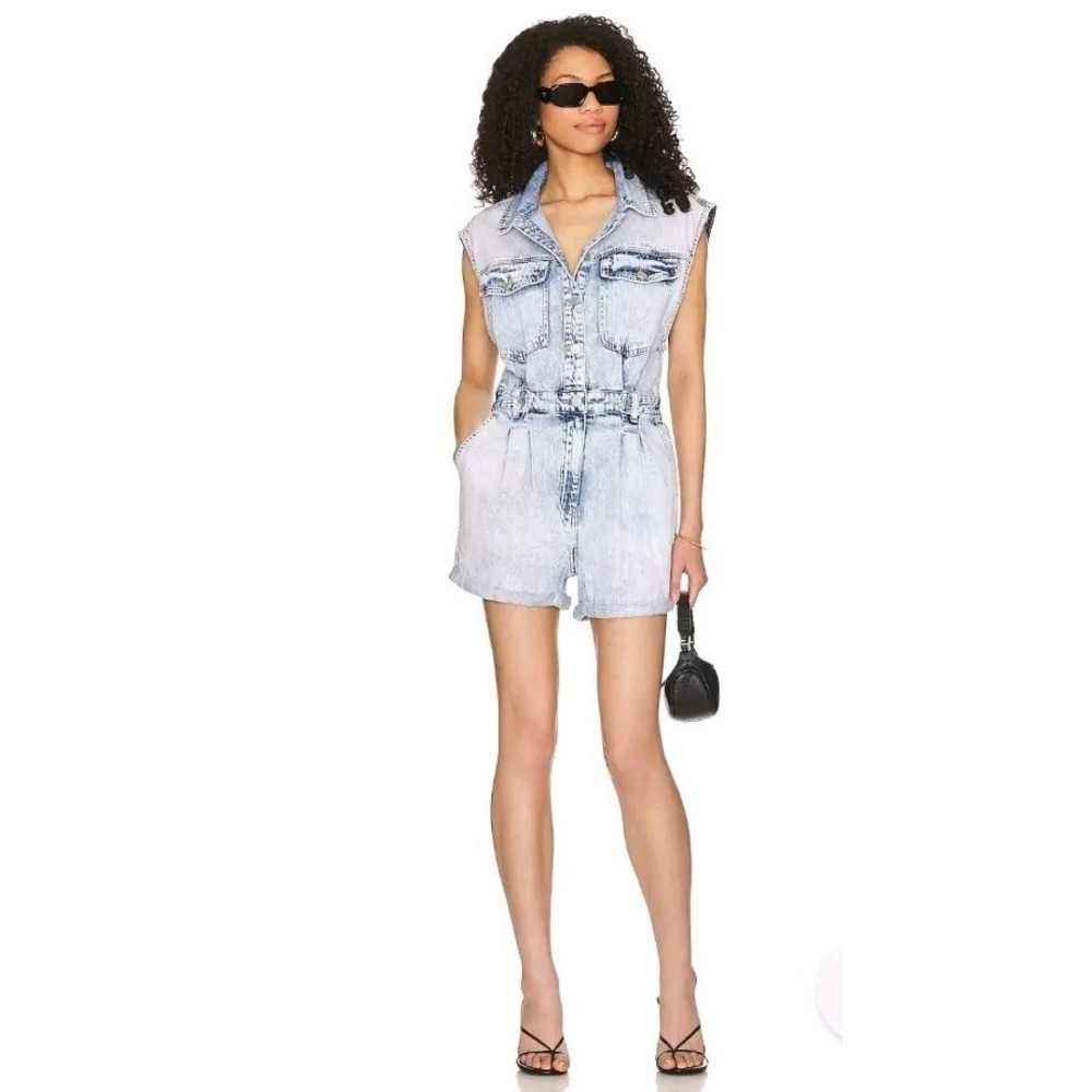 NEW Blank NYC Romper Time Zone Distressed Acid Washed Look Snaps Denim Small S